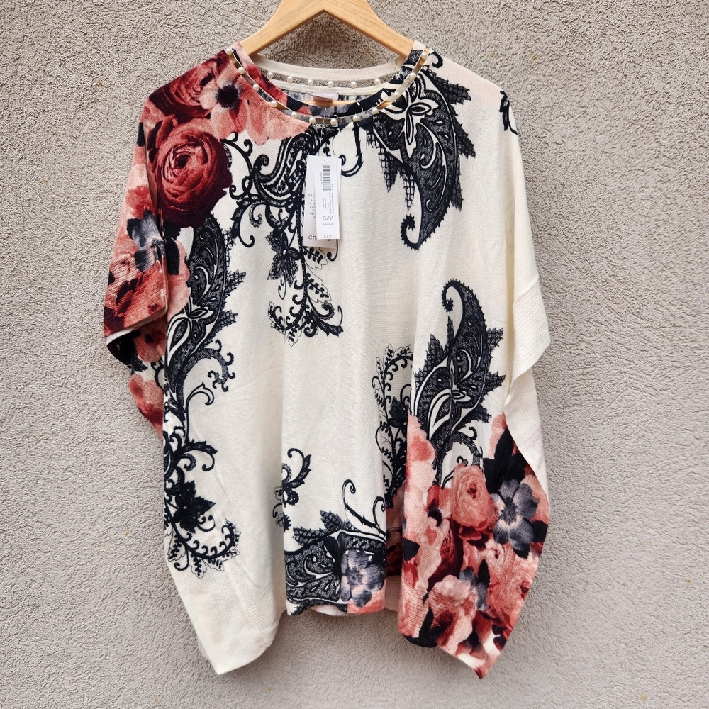 CHICO'S Kimono Sleeve Cardigan Women’s Medium Floral Asian Inspired Sweater
